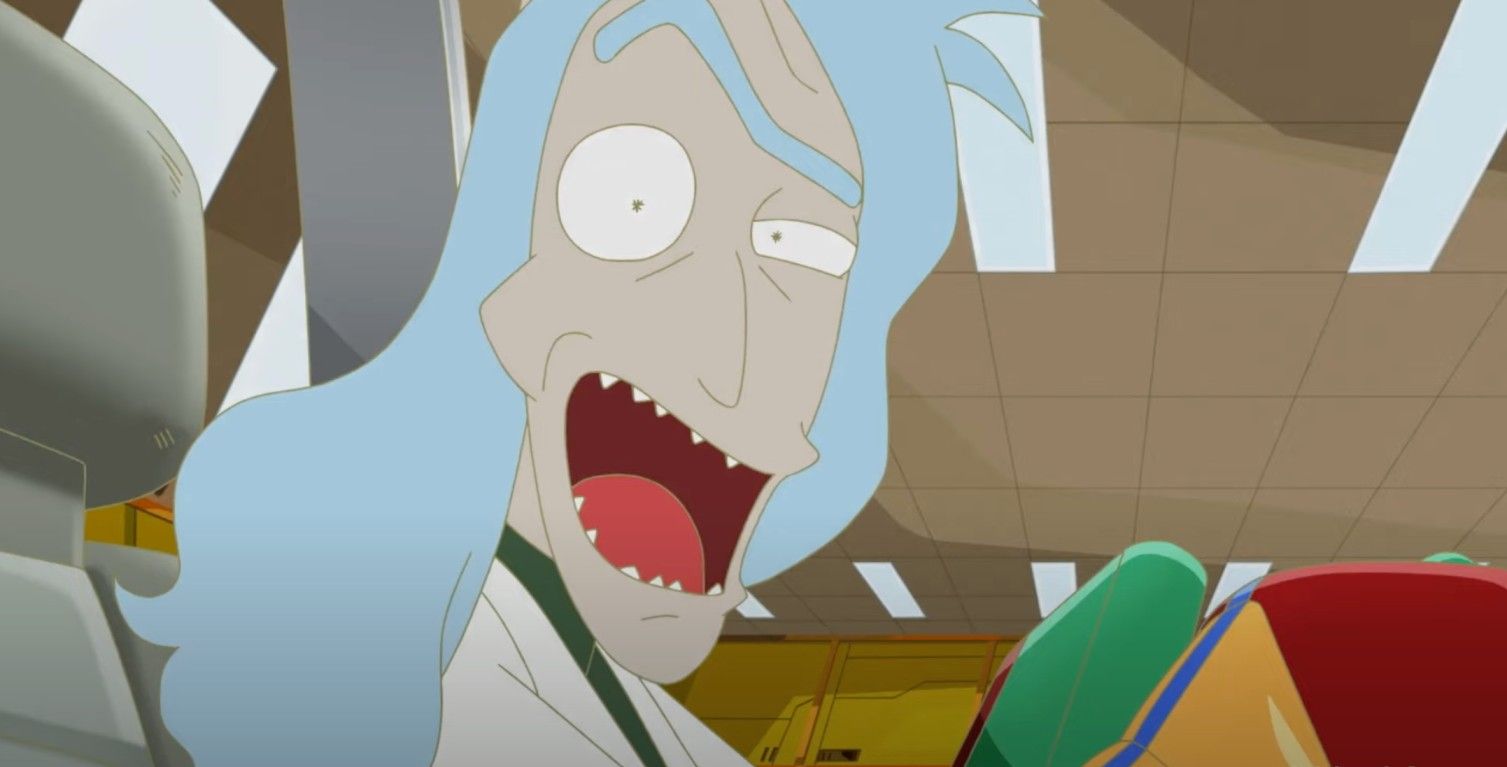 rick from rick and morty is making a funny face with his mouth open .
