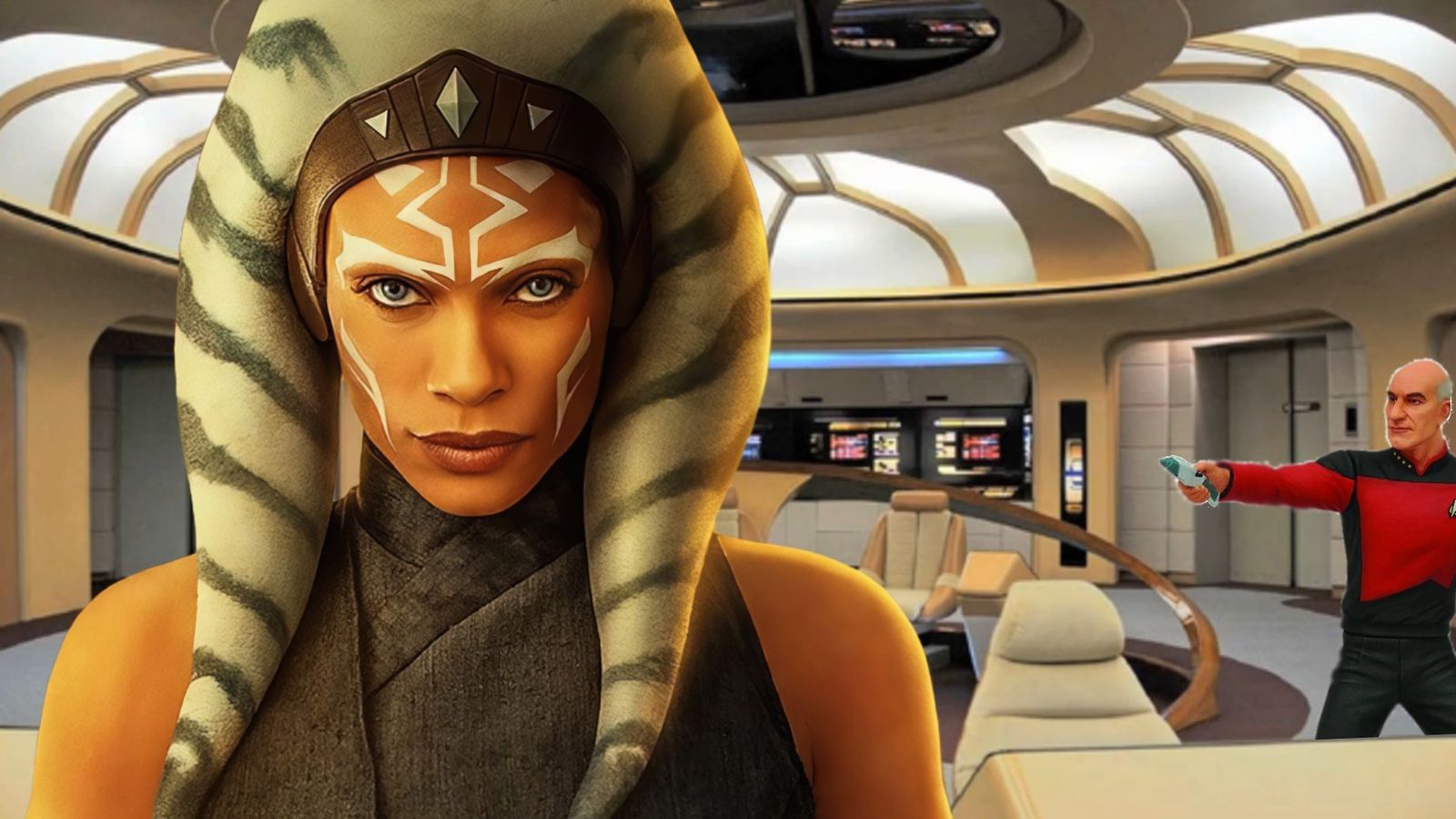 ahsoka tano from star wars is standing on the bridge of Star Trek's USS Enterprise from The Next Generation as Picard aims a phaser towards her