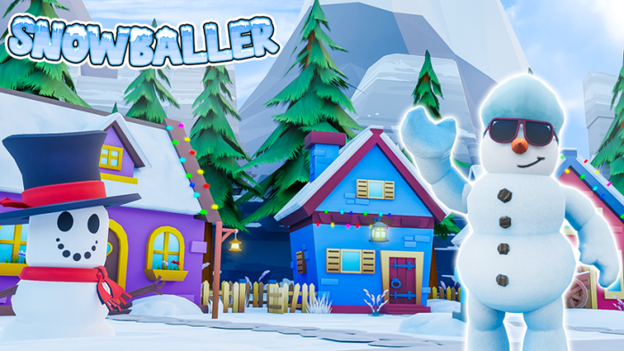 Artwork for Snowballer Simulator featuring two snowmen and three houses with tall trees and a mountain in the background.