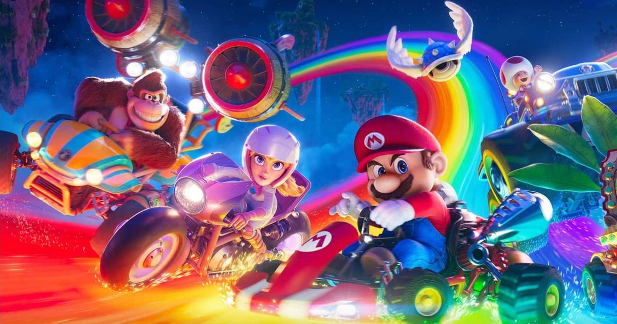 Mario and his friends race across Rainbow Road in the Mario Movie