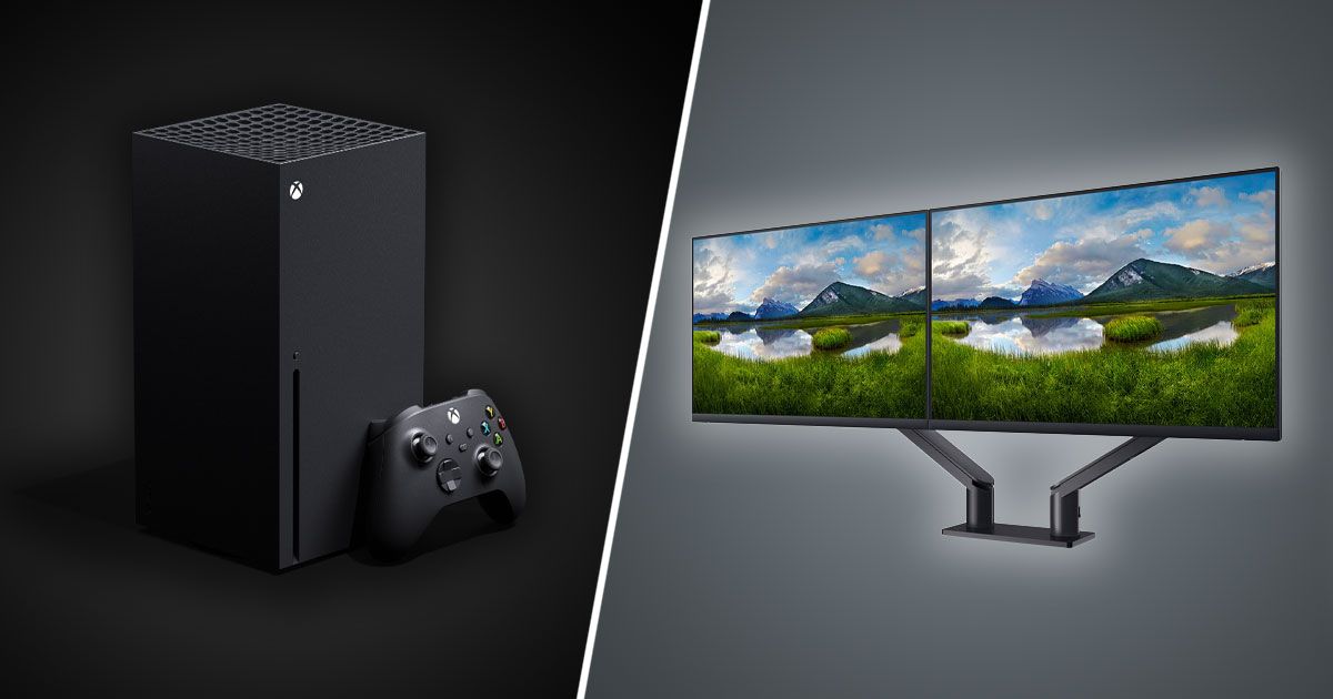 A black Xbox Series X with a controller leaning against it on one side of a white line. On the other, a pair of Dell monitors with images of a lake and mountains on the display
