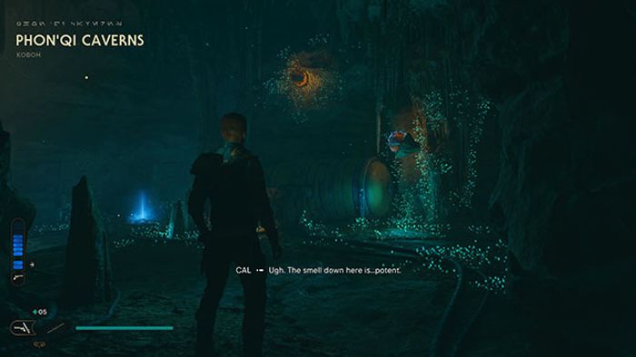 Screenshot of Star Wars Jedi Survivor player inside Phon'Qi caverns with blue fauna on the walls