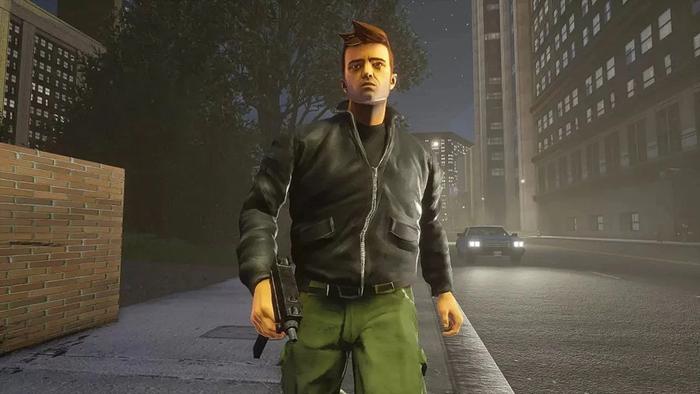 3D character wearing leather jacket holding a gun - Claude (GTA III)