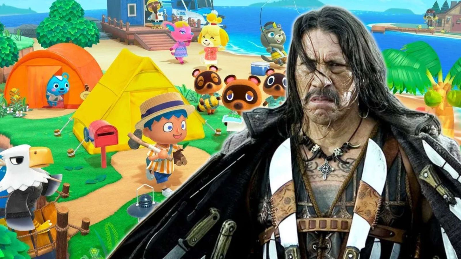 Danny Trejo is standing in front of Animal Crossing New Horizons