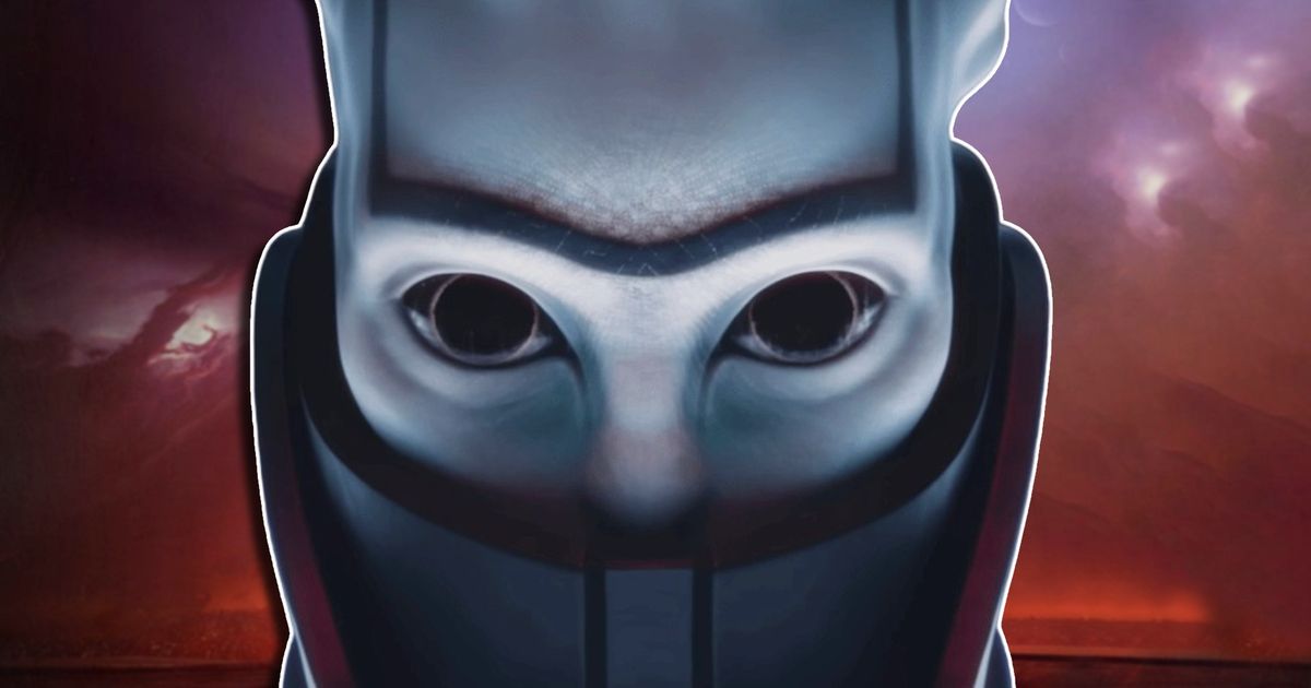 An extreme close-up shot of the Witness from Destiny 2 The Final Shape, placed against a blurred background of the Salvation's Edge raid.