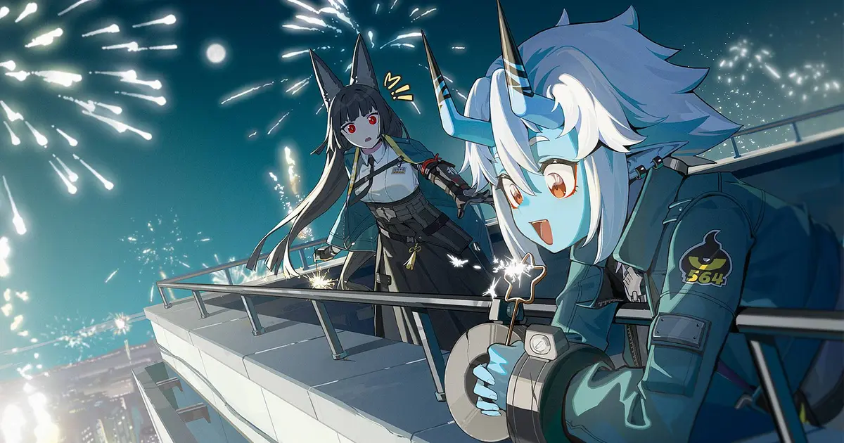 Miyabi and Soukaku from Zenless Zone Zero on a rooftop with fireworks going off in the background.