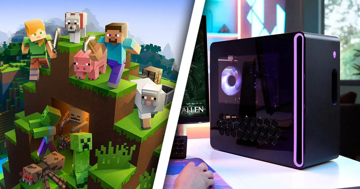 A collection of Minecraft characters on a grass hill on one side of a white line. On the other, a black desktop PC featuring pink lighting inside and on the corner.