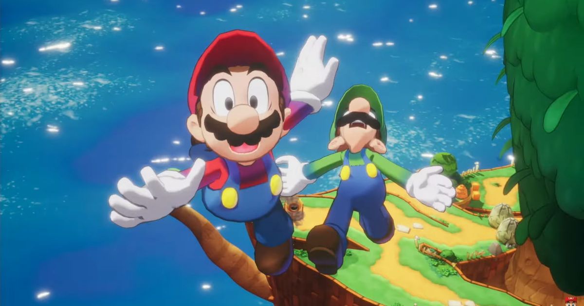 Mario and Luigi Brotherhood gameplay showing the two iconic nintendo characters shot through the air from a cannon