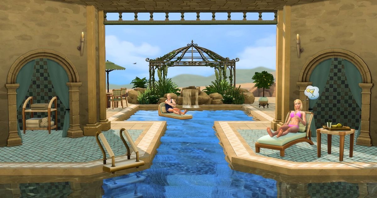 a couple of people are sitting in a swimming pool in The Sims 4 Riveira Kit.