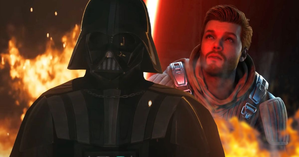 darth vader is standing next to Cal Kestis holding a red lightsaber surrounded by flames in Star Wars Jedi Survivor