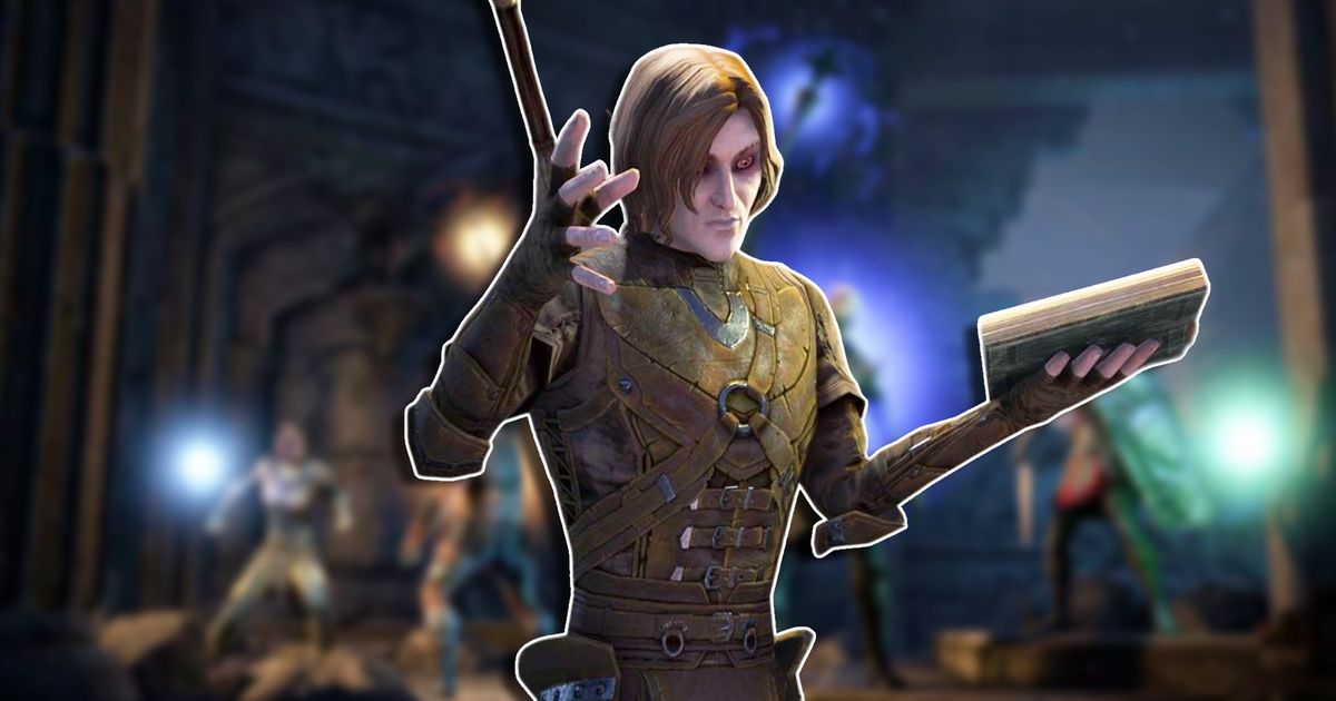 A masculine vampire in The Elder Scrolls Online looking down at a book they are holding in the left hand as they raise their right hand up, placed against a blurred image of four characters using scribing skills.