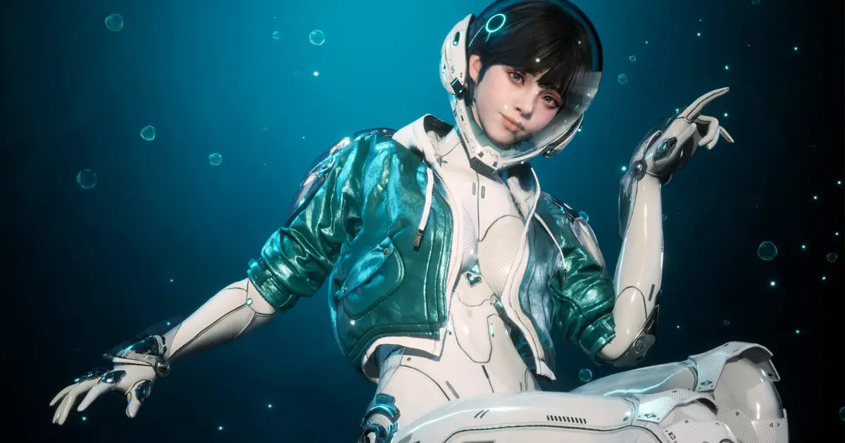 The First Descendant character Valby posing with her hands pointing to either side as she sits surrounded by small water bubbles.