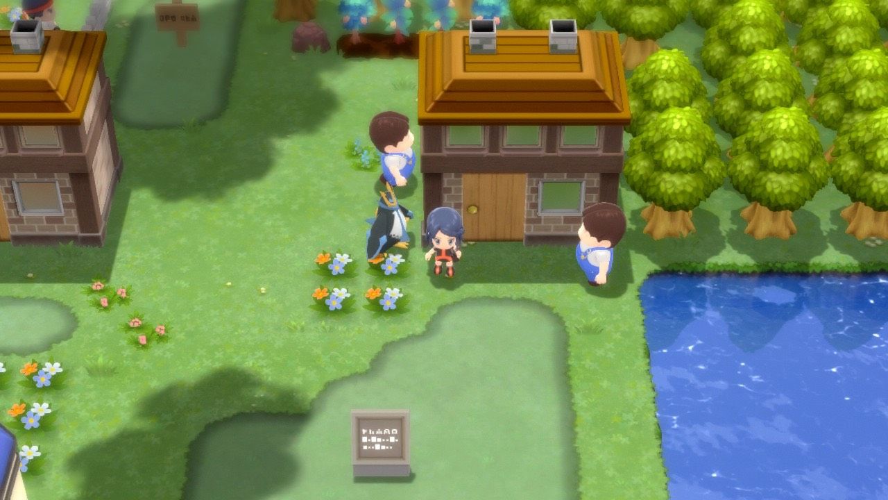 A Pokémon Trainer and their Empoleon standing in front of the Move Relearner's home, in Pastoria City, in Pokémon Brilliant Diamond and Shining Pearl.
