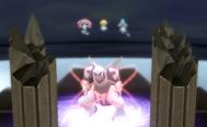Palkia with Uxie, Azelf, and Mesprit above them in Pokémon Brilliant Diamond and Shining Pearl.