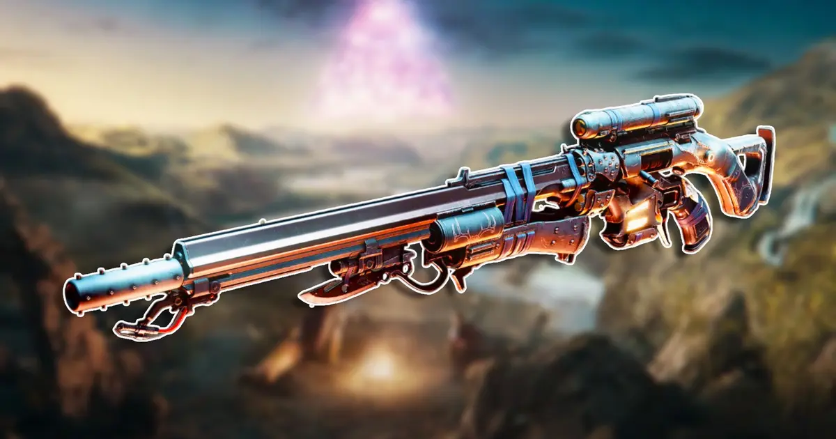 A side profile view of the Still Hunt sniper rifle in Destiny 2 The Final Shape, set against a blurred background of key art for the expansion showing the Pale Heart landscape.