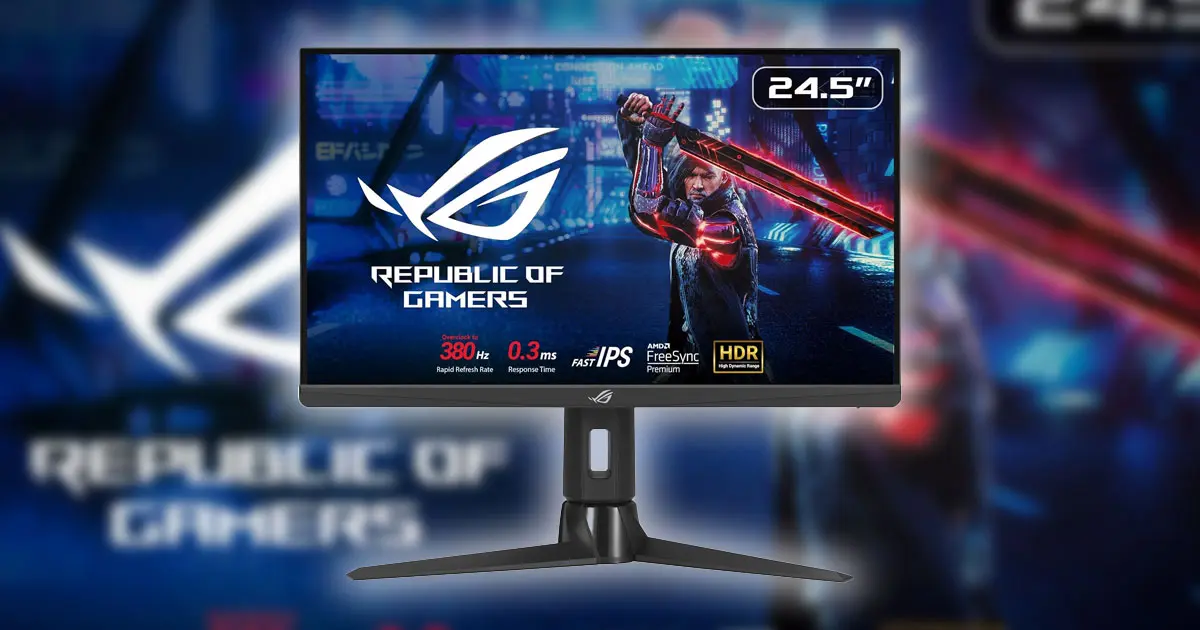 A black near-frameless monitor featuring "Republic Of Gamers" branding in white on the display next to a character holding a red sword.