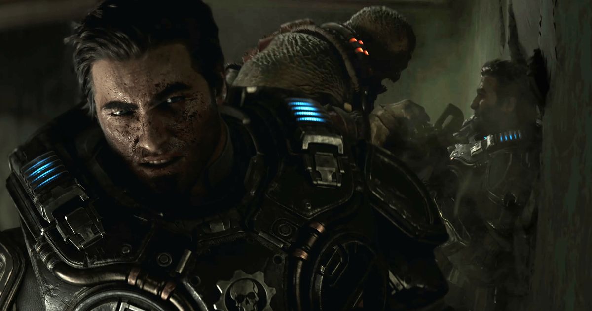 Young Marcus Fenix from Gears of War E-Day in armor getting attacked by a Locust Drone