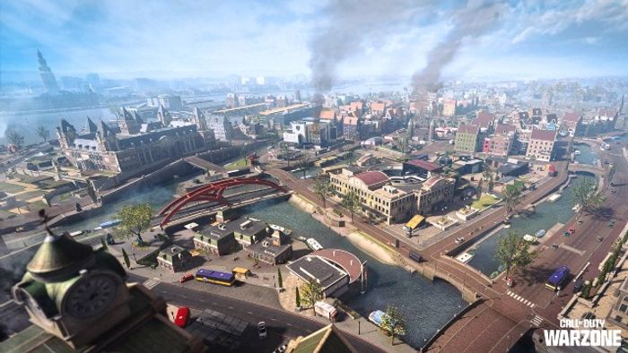 Screenshot of Warzone Vondel map with smoking buildings in the centre