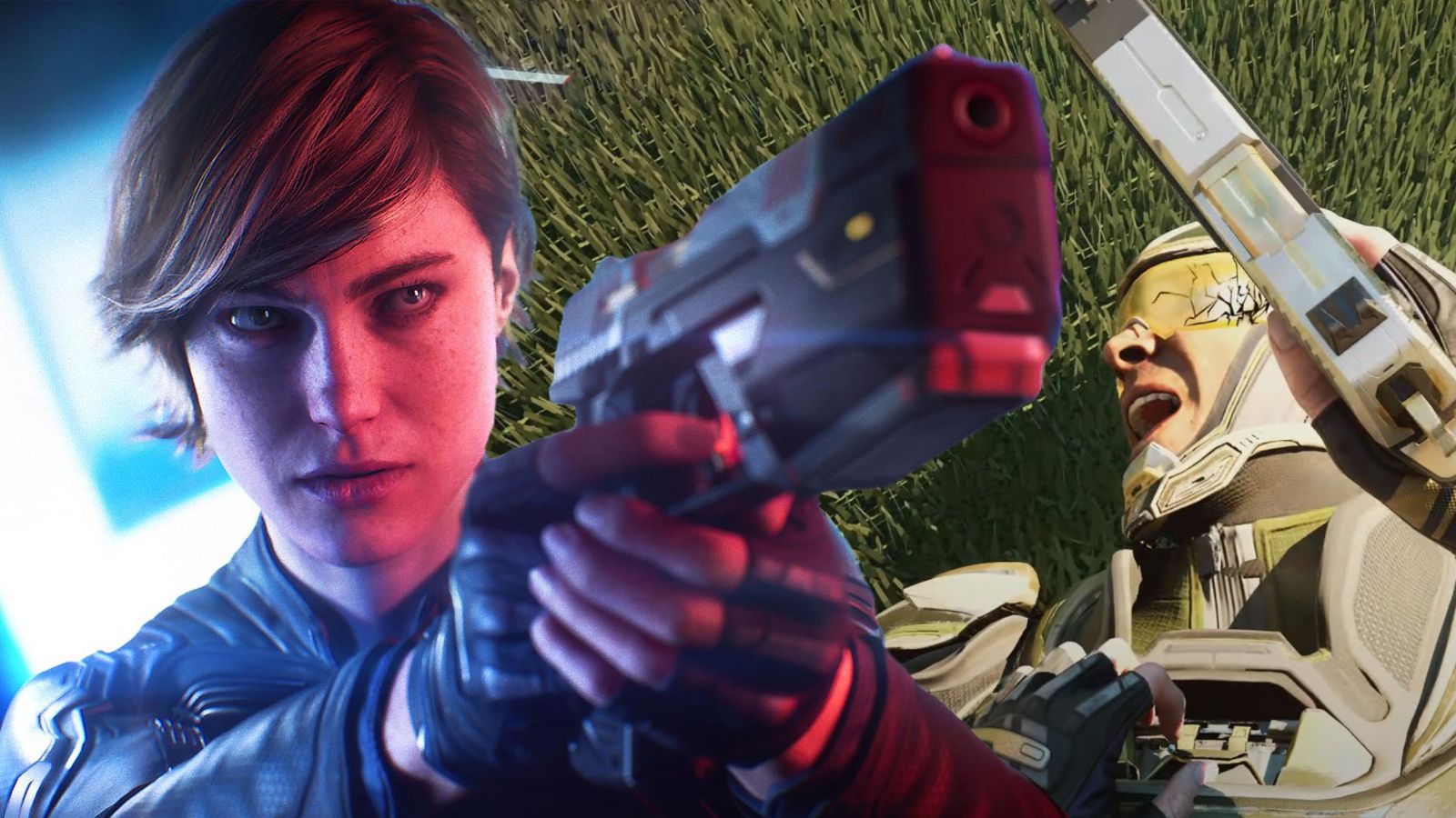 Perfect Dark Gameplay showing Joanna Dark aiming a futuristic handgun