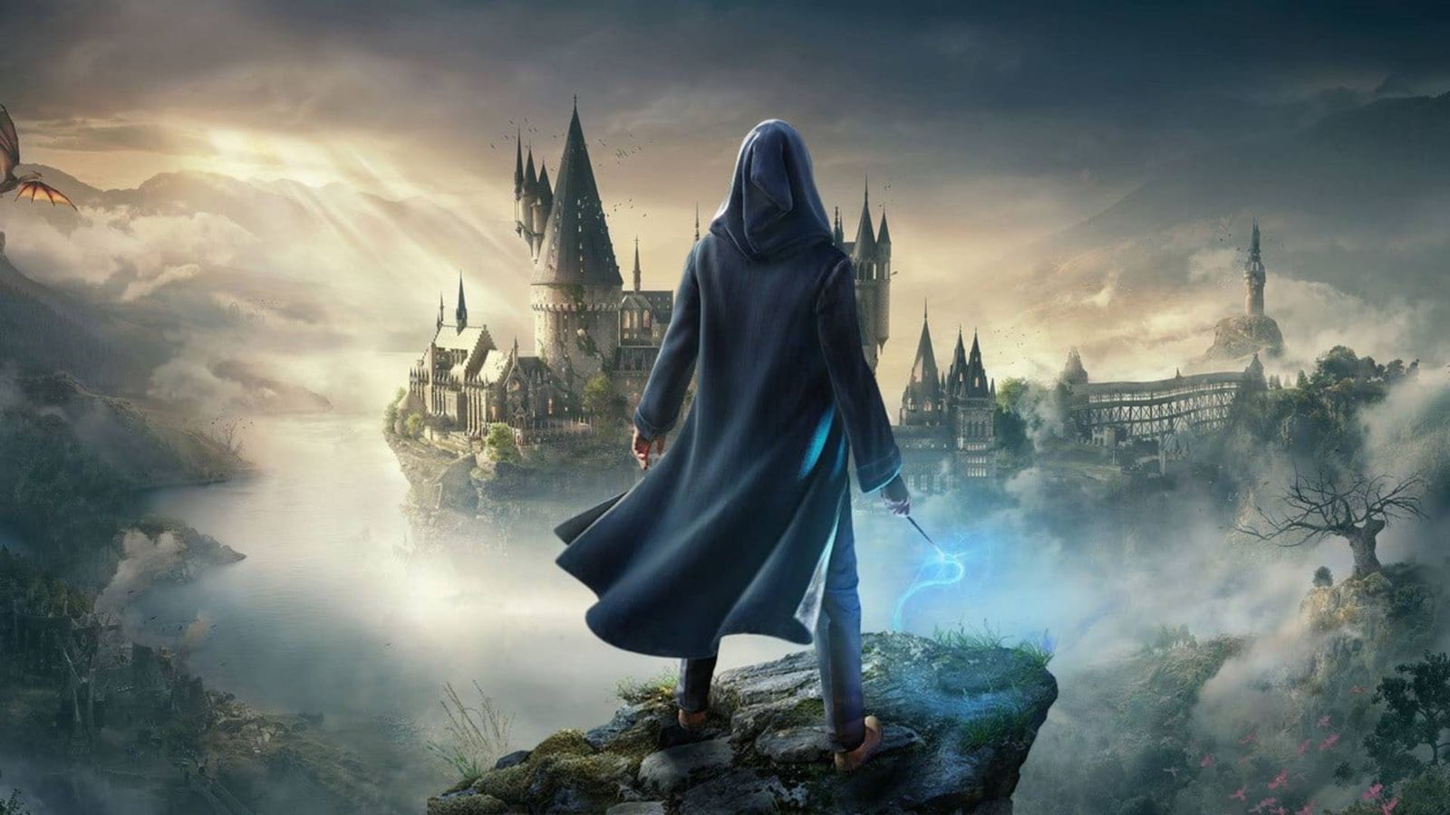A wizard is standing on top of a cliff with a wand in Hogwarts Legacy