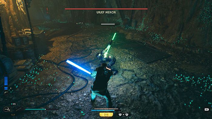 Screenshot of Star Wars Jedi Survivor player fighting UrJef Mekor inside Phon'Qi caverns