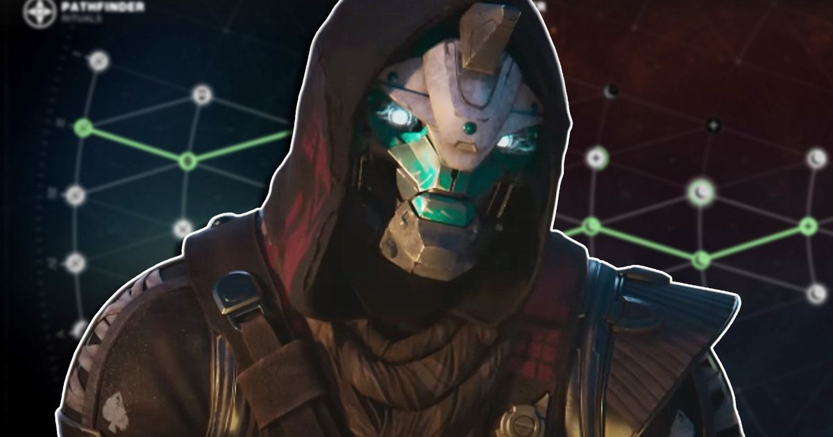 A close up of Destiny 2's Cayde 6 with his hood up and glowing eyes, placed against a background of the Pathfinder interface.