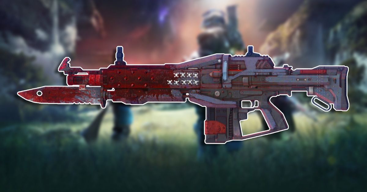 A side profile view of the Red Death pulse rifle from Destiny 2 The Final Shape and Episode Echoes with its original Ornament weapon skin, placed against a blurred background of TFS key art which features three characters standings, looking into the distance.