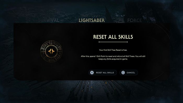 Screenshot of Star Wars Jedi Survivor respec prompt that appears when resetting skills