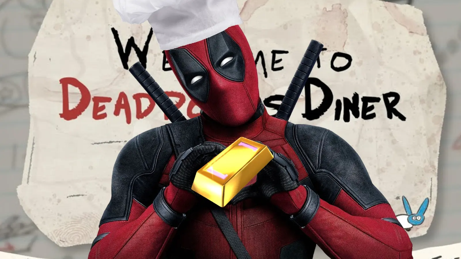 Deadpool holding Marvel Snap Gold with a chef's hat on, in front of a Deadpool's Diner key art