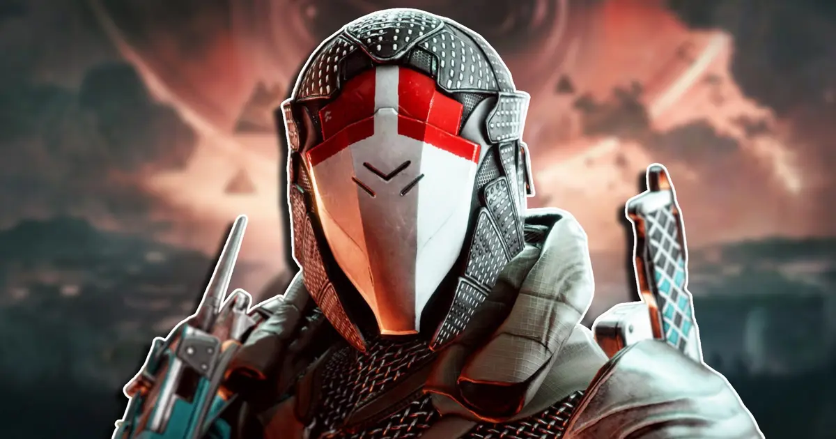 A close-up of a Warlock wearing the Speaker's Sight Exotic helmet from Destiny 2 The Final Shape, placed against a blurred background of key art for the expansion that shows the Witness in the background.