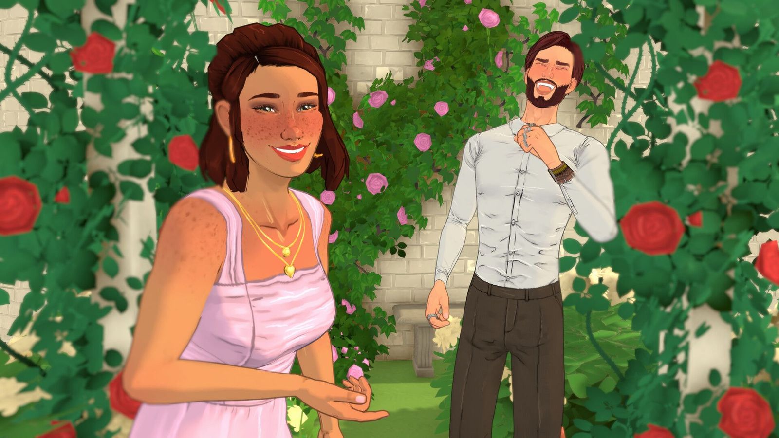 a man and a woman are standing next to each other in a garden surrounded by roses in Paralives