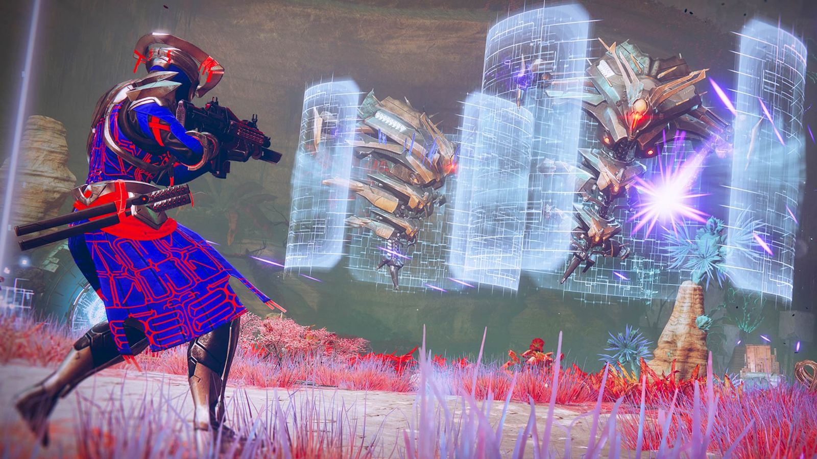 A Titan wearing the Episode Echoes armor fighting two Vex on Nessus in Destiny 2.