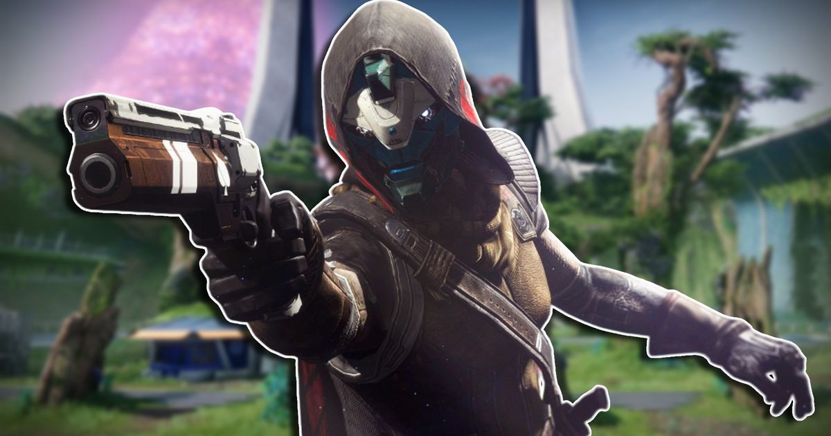 A close-up of Cayde-6 drawing and aiming the Ace of Spades pistol with his right hand, placed against a blurred background of the Pale Heart Tower location in Destiny 2 The Final Shape.