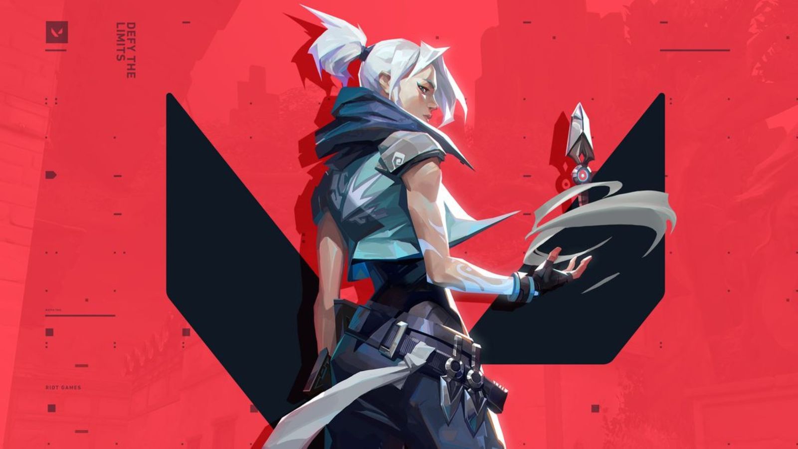 Valorant key art of Jett posing facing the right, holding a dagger surrounded by wind in her right hand.