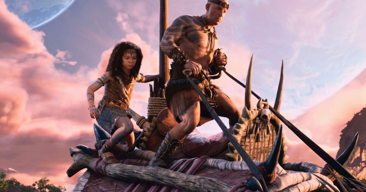 Vin Diesel and a girl are riding on the back of a dinosaur in ARK 2.
