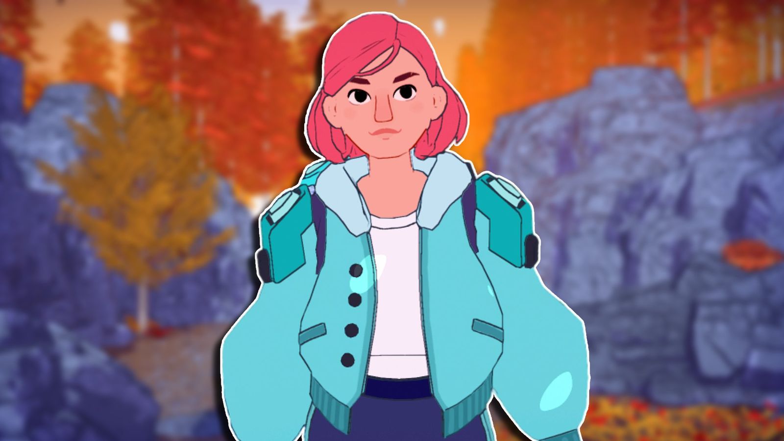A close up of Luisa from Dungeons of Hinterberg, a young woman with pink hair and a blue jacket, standing in a slightly blurred autumnal forest.