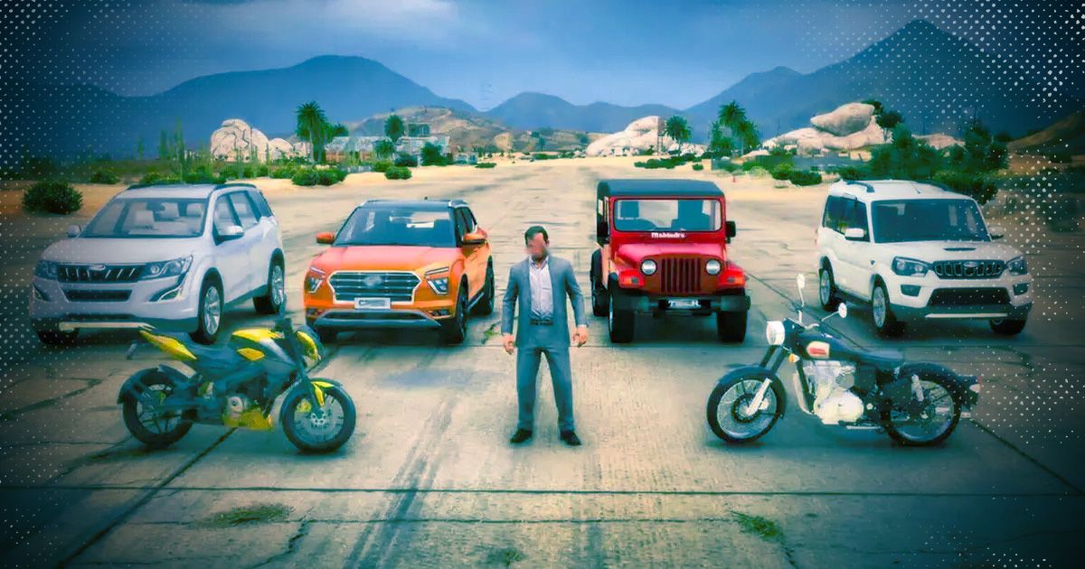 A character stood next to various vehicles in Indian Bikes Driving 3D.