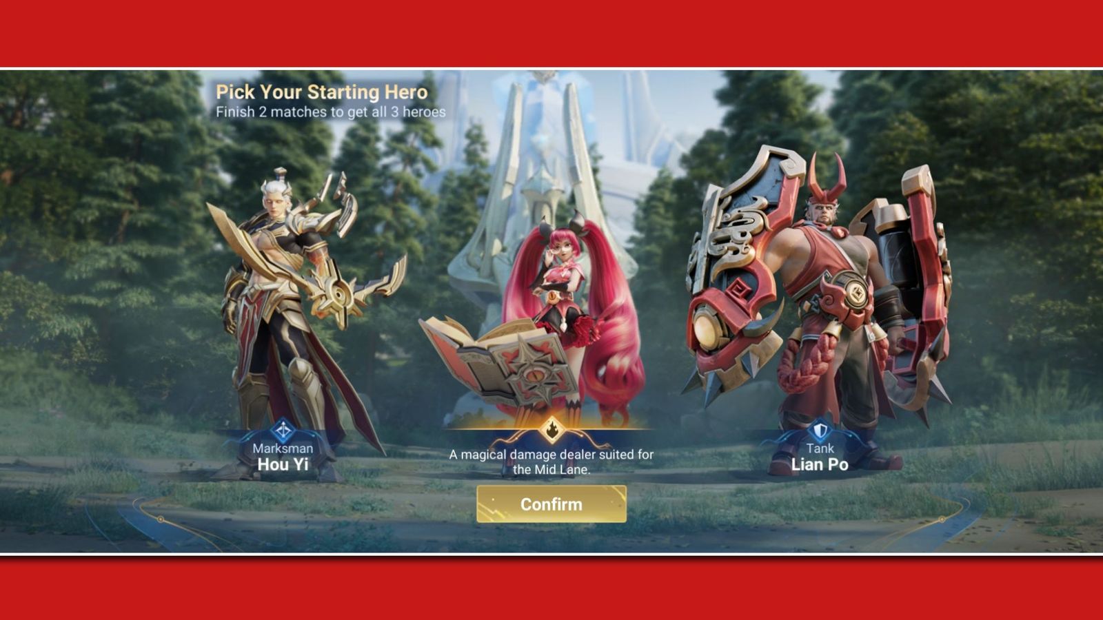 A screenshot of the starting heroes in Honor of Kings, with Hou Yi on the left, Angela in the middle, and Lian Po on the right.