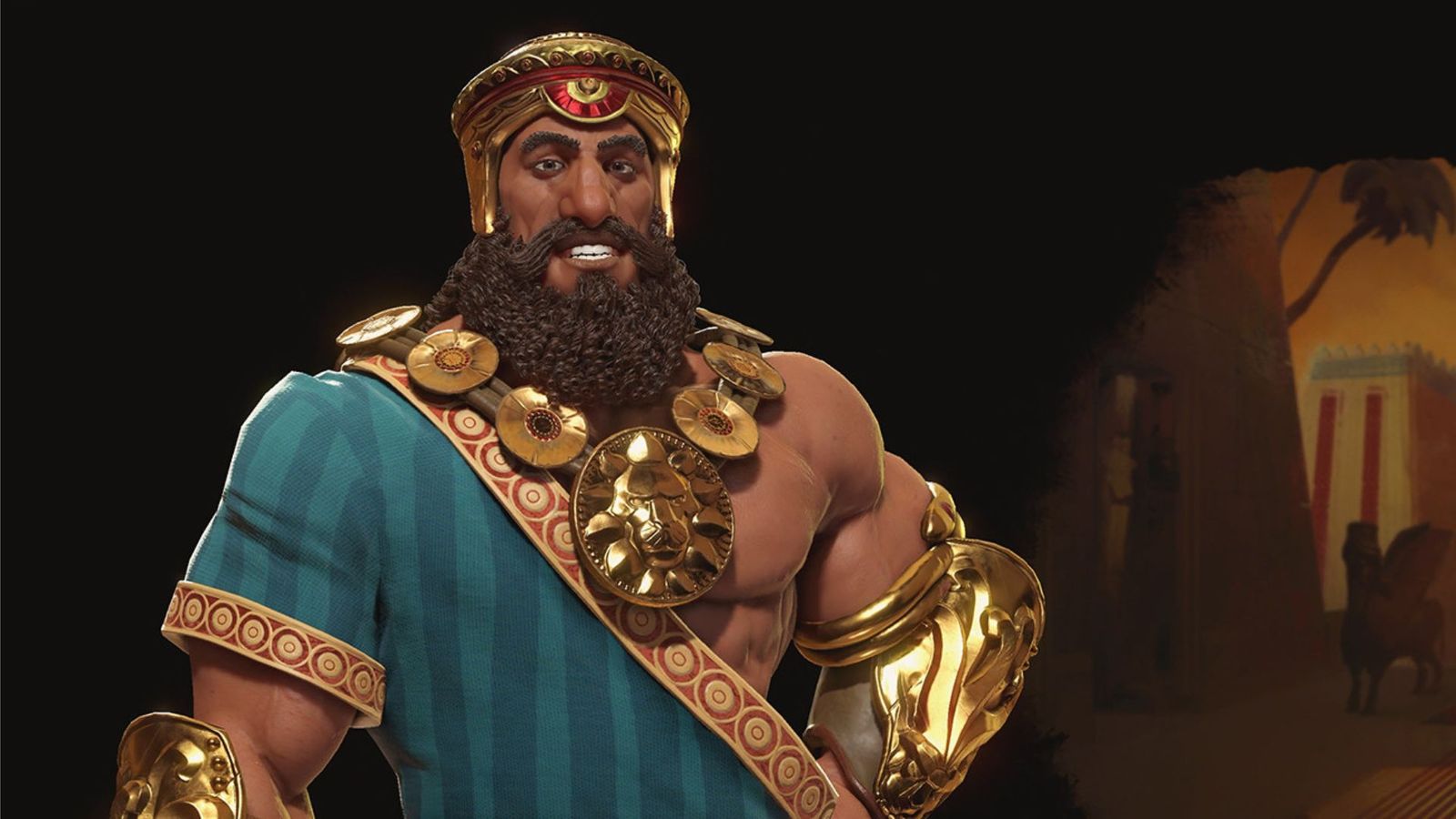 a man with a beard is wearing a blue robe and gold armor in Civilization 7.
