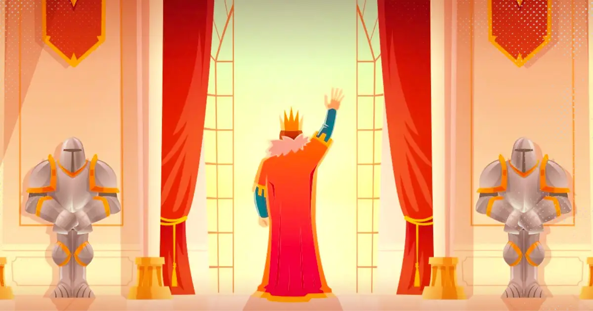 Screenshot from BitLife, showing the king waving down to his citizens with a knight on either side.