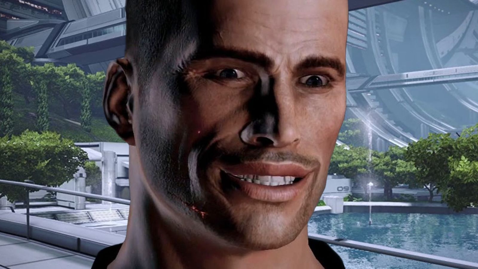 a close up of Commander Shepard from Mass Effect smiling in a creepy way 