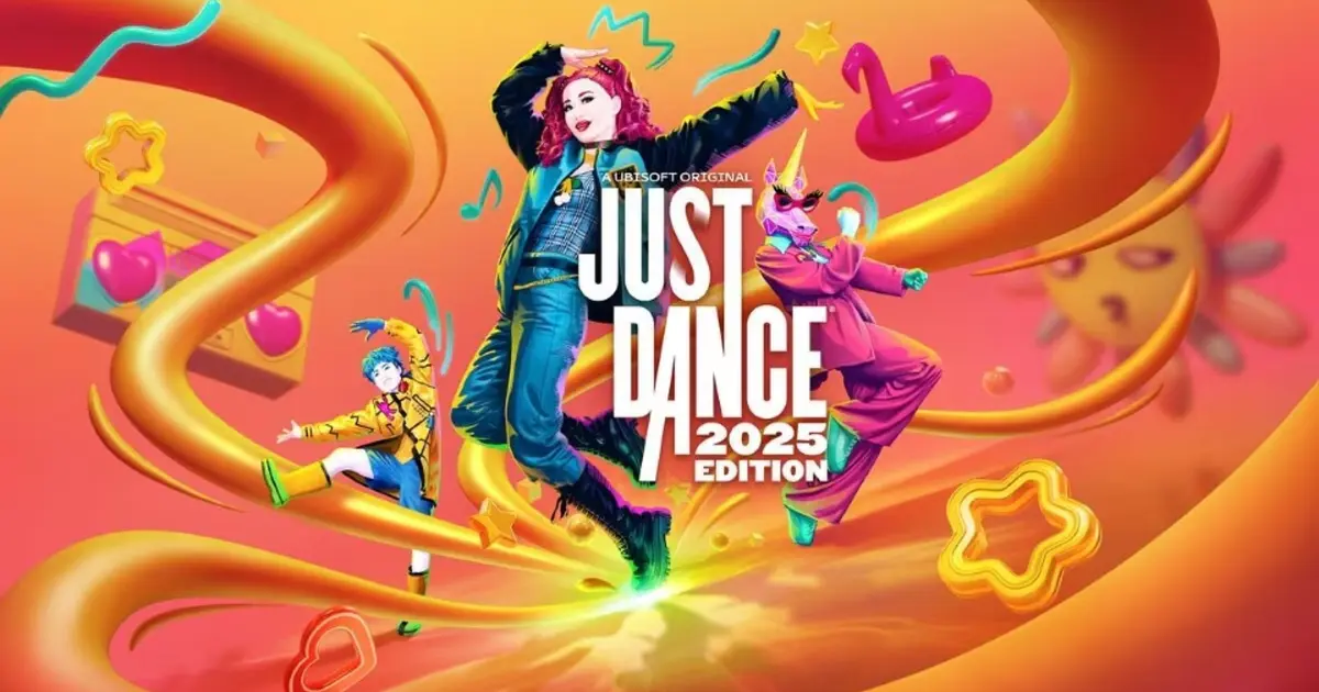 The cover art for Just Dance 2025 shows a feminine character jumping and striking a pose with her arms out behind the title of the game, with two other characters dancing in the background.
