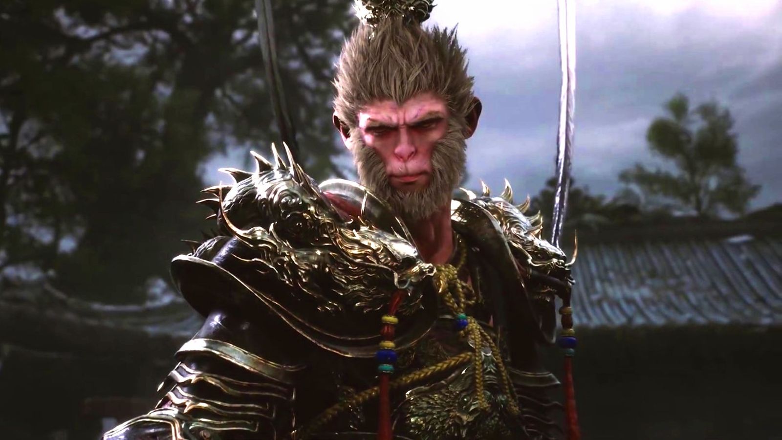 A close up of Sun Wukong in Black Myth Wukong standing stoically.