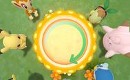 A player is making a Poffin surrounded by Pikachu, Clefairy, Chimchar, Piplup and Turtwig in Amity Square of Pokémon Brilliant Diamond and Shining Pearl.
