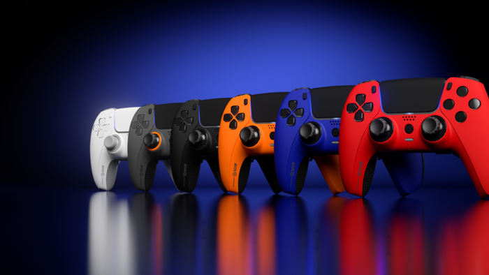 SCUF Reflex controllers with different coloured shells on blue and black background