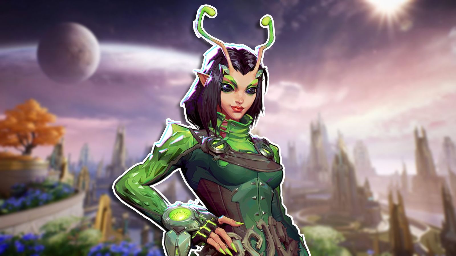 Marvel Rivals' Mantis posing with her right hand on her hip while smiling slightly. In the background is a slightly blurred image of the Asgard map.