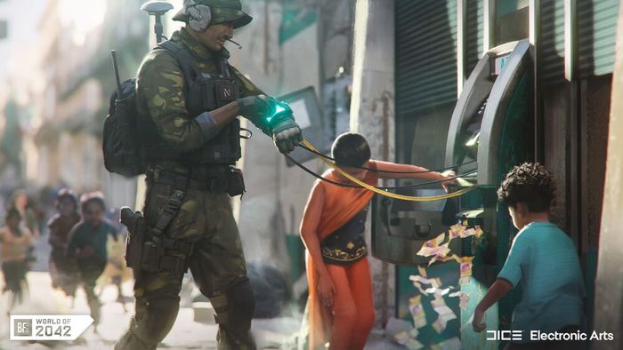 Navin Rao helps a child in Battlefield 2042.