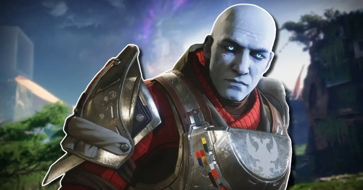 Zavala looking towards the camera with a concerned expression, placed on top of a blurred background of the Pale Heart in Destiny 2 The Final Shape.