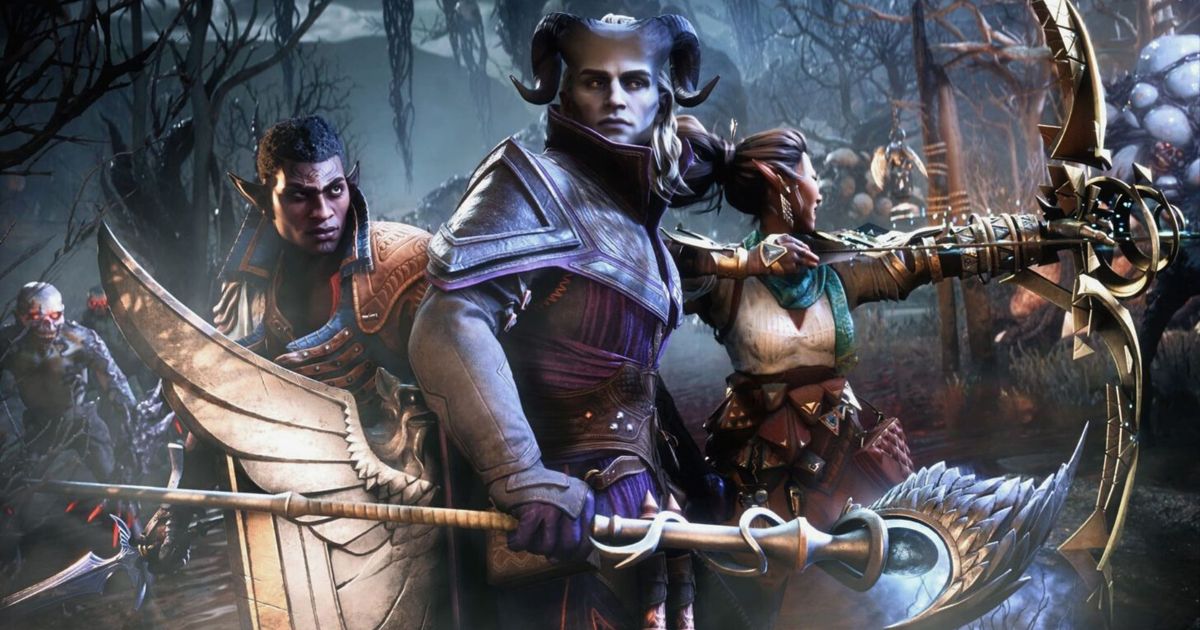 A group of characters from Dragon Age The Veilguard huddle together as enemies approach.