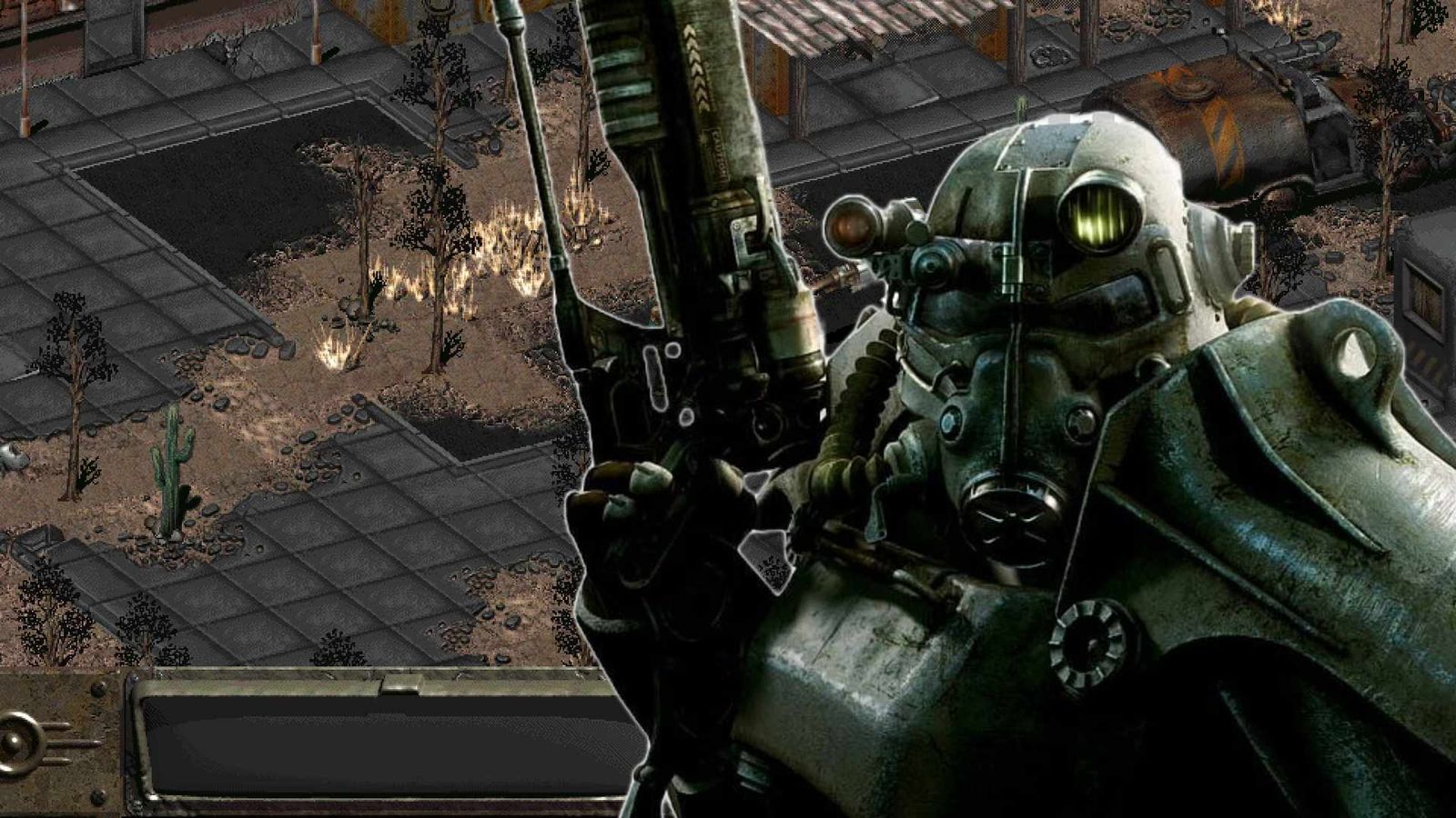 One of the power armors of Fallout 3 with a gun is shown while an older game is played in the background